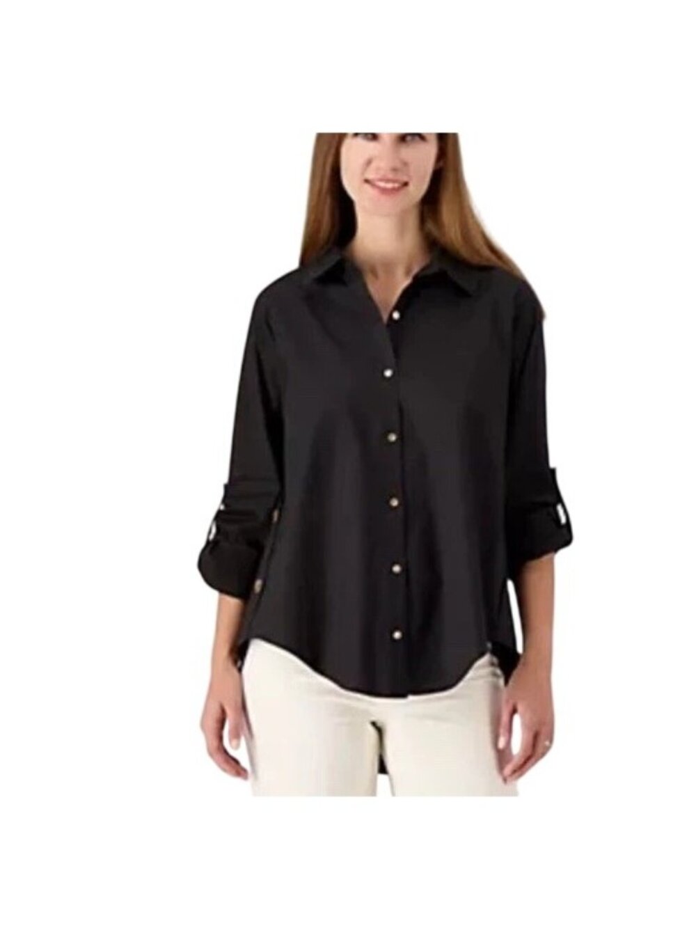Attitudes by Renee Shirt Size XXS Curved Hem Button Down Long Sleeve Black Work